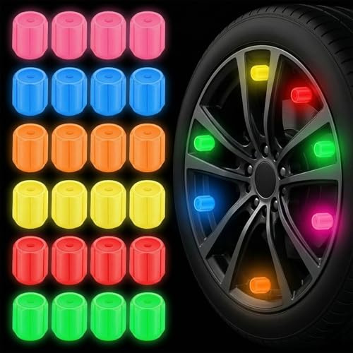 NiceNaiils 24 Pcs Tapas de Válvulas Luminosas para Coche, Tapones de Válvulas de Neumáticos Fluorescentes Universales, Calavera Tapas Luminosas para Válvulas de Aire para Coche Bicicleta Moto