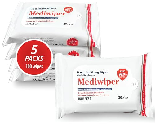 Mediwiper 20 Count Alcohol-Free Sanitizing Wipes Disinfecting Large Unscented Wet Wipes Bulk, Hand Sanitizer (20 Wipes, 100 Wipes (20 * 5))