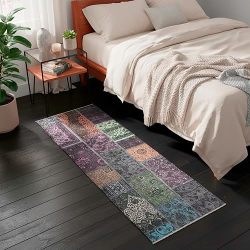 TESSO LIVING Kelim Patchwork Tappeto Soggiorno Multicolore 80 X 195 cm, Tappeto Salotto Moderno a Pelo Corto, Super Morbido