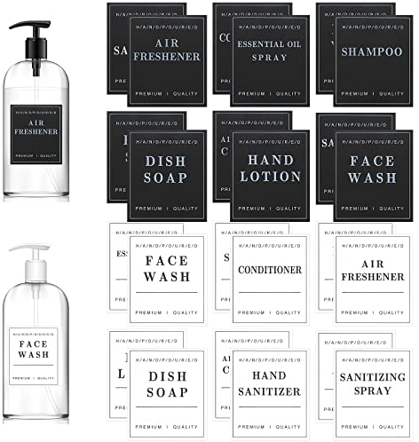 Abeillo 24 Stück Etiketten Badezimmer, wasserdichte Etikettenaufkleber für Badezimmer-Spenderflaschen, Handseife, Gesichtsreinigung, Duschgel, usw. (Englische Fassung, 7x8cm)