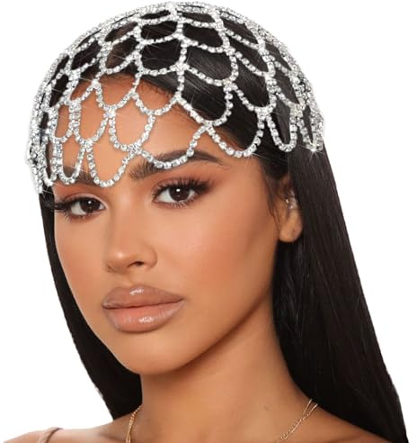 NAISKA Silver Crystal Rhinestone Headpieces Cap Vintage 1920s Mesh Head Chain Wedding Bridal Flapper Headband Gatsby Roaring Party Prom Custome Hair Accessoris for Women and Girls