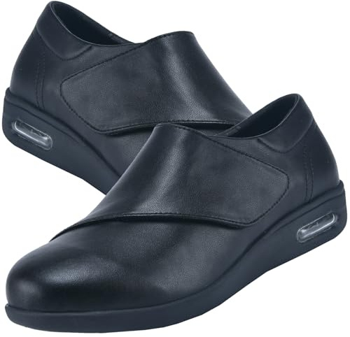 AEHO Chaussures Orthopédiques Pied Large Homme Femme Hallux Valgus en Cuir Chaussures pour Diabétiques Sandales Réglables Pantoufles pour Les Pieds, Noir, 42 EU