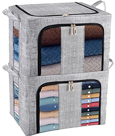 collapsible storage bins with lidFabric Storage Box,Foldable Organiser Cubes, Large Storage Bins Boxes, 2PC 66L Blue Stackable Foldable Storage Basket with 6 Steel Frame, Container Organizer Box with