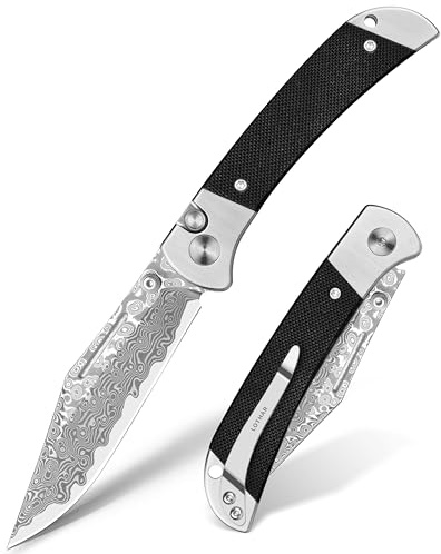 LOTHAR FALCON Taschenmesser, 7.7CM Scharfe Damast Stahl Klappmesser, Kleines G10 Griff Einhandmesser mit Knopfdruck, Button Lock EDC Messer, Gürtelclip, Ideal für Outdoor Enthusiasten