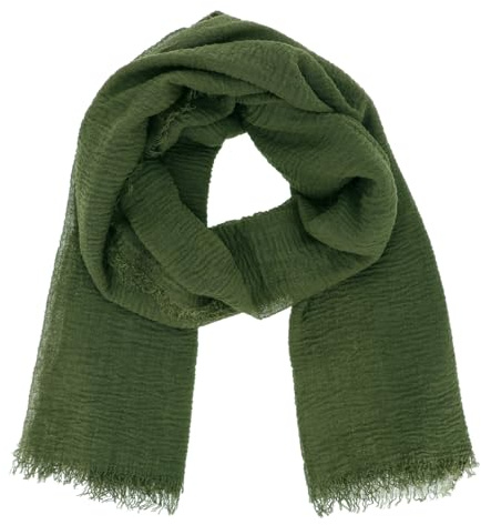 moonbow Foulard Femme Vert olive - Foulard Uni 20% Coton 80% Viscose effet Froissé et finition Frangée - Etole Femme Longue et Rectangulaire 180cm x 90cm - Echarpe Fine Souple Légère et Douce