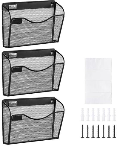 VEVOR File Wall Rack, Three-Piece 1 Pocket Mesh Wall File Holder, Wall Mounted Magazine Mail Paper & Document Storage Folder, Metal Wall File Organizer with Nametag Label, for Office Home & School