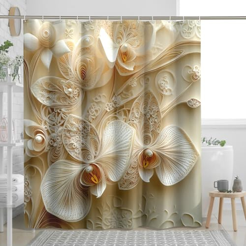 DESIHOM Paper Quilling Orchids Shower Curtain Set, Art Floral Shower Curtain, 3D Flower Bathroom Accessories, Fabric Decorative -62 Inch