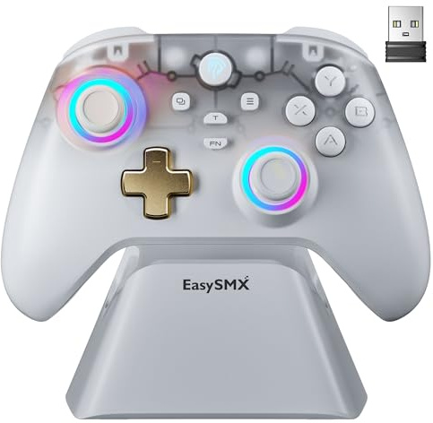 AKNES EasySMX D05 Mando Inalámbrico con Base de Carga para PC/Switch/iOS/Android, Joysticks y Gatillos Hall,2 Botones Traseros Programables,Tasa de sondeo de 1000Hz,Iluminación RGB Ajustable (Blanco)