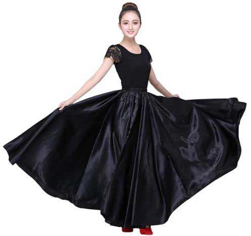Dance Skirts for Women Satin Full Circle Ankle Length Swing Long Skirt Women Maxi Shiny Skirt for Party Costume Belly Dance (US, Alpha, One Size, Regular, Long, Black)