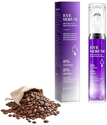 Siero per Contorno Occhi con 8% di Caffeina, Con 360° Roller Ball, Acido ialuronico puro e caffeina, Per Occhiaie e Borse, Rughe e Linee Sottili, 15ML
