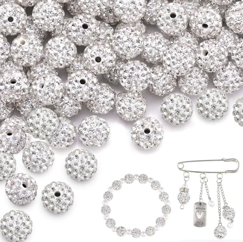 100 stycken glitterpärlor för armband och disco bollpärlor att trä på (silver, pysselpärlor, shamballa, kristallpärlor, örhängen, kedja, gör-det-själv smyckestillverkning)