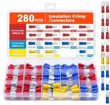 KELAV 280 Pezzi Connettori Elettrici,Morsetti Elettrici,Connettori Elettrici Terminali Assortiti Kit,Capicorda Assortiti,Connettori Capicorda Elettrici Ferro con Isolant con Crimpro a Spada e Forcella
