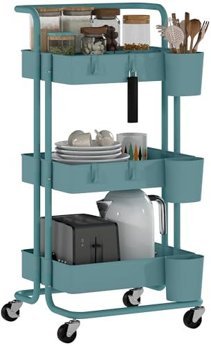 HOMCOM Carrito Auxiliar con Ruedas de 3 Niveles Carrito de Cocina con Mango 3 Cestas de Malla y 3 Cajas Colgantes Carro de Almacenamiento para Baño Salón 42x38x86,5 cm Azul Verdoso