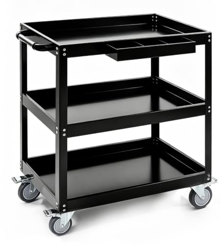 3-Tier Large Heavy-Duty Rolling Tool Cart, 550LBS Utility Carts with Swivel Wheels, Thickened Steel Frame Service Cart for Workshop