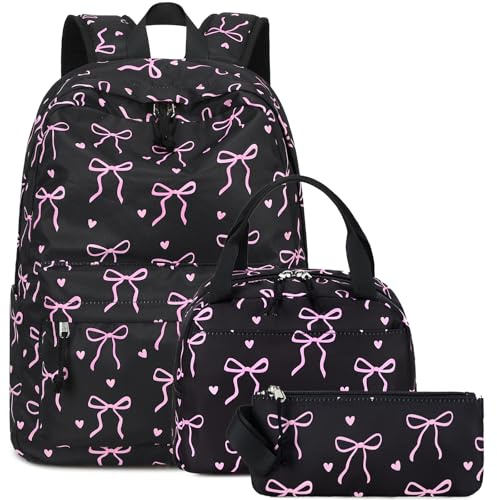 LOIDOU Backpack for Teen Girls Bookbags School Backpack with Lunch Box and Pencil Case 3 in 1 School Bags Set (Black Bow-Tie)