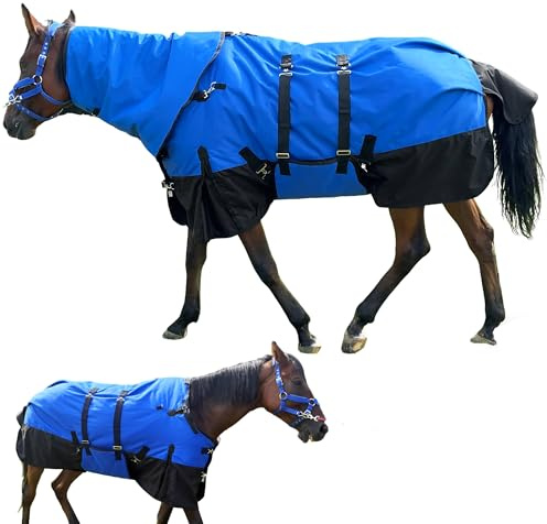 Horse Turnout Blanket, Heavy Weight Horses Blanket with 300g Poly Filling, Neck Cover & Belly Wrap, 1680D Waterproof Winter Blankets for Horses (Blue, US78 in(EU 145 cm))