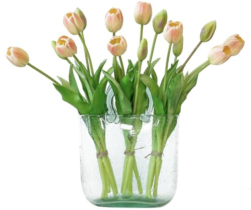 DUYONE 15pcs Artificial Tulips Flowers, Latex Bouquet, Fake Tulips for Office Wedding Party Home Kitchen Garden Decoration-B Pink Champagne
