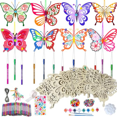 Beafaeur 174 Pièces Bricolage Papillon Carillon à Vent, Artisanat en Bois à Peindre Enfants kit Activites Manuelles, Papillon 3D à Motif Floral à Peindre, Cloche, Decoration paques Cadeaux d'invités