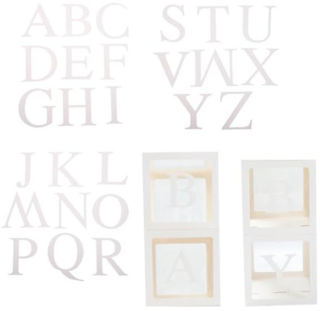 DECORNIJIA Juego de Cajas de Globos Transparentes para Fiesta 4 Cajas Letras del Alfabeto 26 Piezas de Papel Portátiles para Decoración y Accesorios de Diseño de Escena