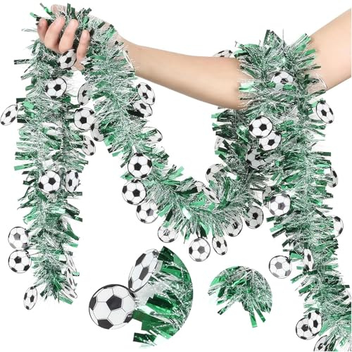 Dermalyx Grün Silber 8 × 2m Lametta Ghirlanda, Senza Peli Riutilizzabile Decorazione Calcio 3D Motivi Calcio, Festa Partita Stadio Mondiali 2026 Evento Calcio Addobbi
