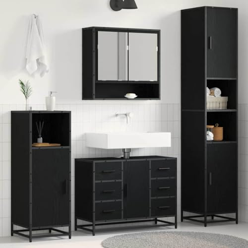 Yunovire Badrumsmöbler set 3-delat svart ekutseende trämaterial 90 x 33 x 60 cm med spegelskåp, tvättställsunderskåp, högskåp, väggmontering för badrum, gäster, toalett, förvaringsutrymme