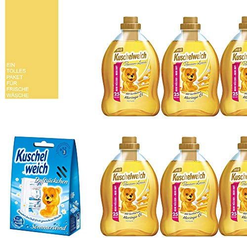 8tlg. Set: 6x750ml Kuschelweich Weichspüler Premium Luxus Moringa-Öl 150WL + 1 x Duftsäckchen Box Blau Sommerwind + 1 x Mini-Bag von STUDIO.MUNET