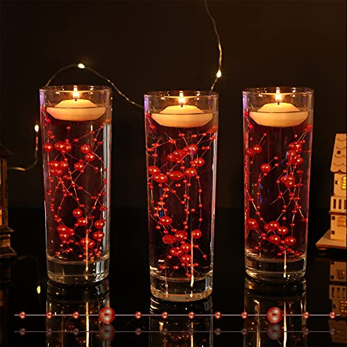 Nuanchu 50 Pieces Artificial Pearl String for Floating Candles 6 Inch Pearl String Vase Fillers Floating Candles Centerpiece for Valentine Gift Holidays Wedding Dinning Table Party Decor(Red)