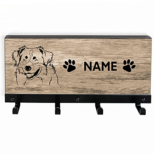 Tierisch-tolle Geschenke Australian Shepherd 4-Haken Leinengarderobe mit Name | Hundegarderobe | Leinenhalter | Hundeleinen Halter | Personalisiert (Holzoptik)