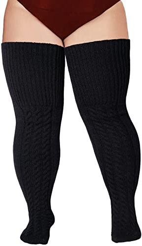 Moon Wood Overknees Strümpfe Damen Große Größen Woll Baumwolle Thigh High Socks Warm Extra Lange Oberschenkelhohe Socken mit Garter Schwarz