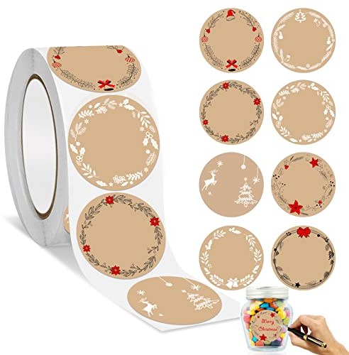 Kraftpapier Aufkleber, 500 Stk 4cm Aufkleber Weihnachten Kraft Etiketten Aufkleber Selbstklebend Geschenksticker Weihnachtsaufkleber zum Beschriften für Geschenke,Marmeladen,Verpackung (A)