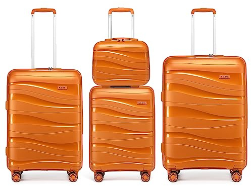 Kono Luggage Sets of 4 Piece Lightweight Polypropylene Hard Shell Suitcase with TSA Lock Spinner Wheels 20 24 28 Travel Trolley Case + 14 Beauty Case (Set of 4, Orange)