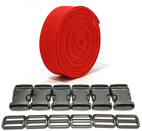 Cinta de Mochila 3 Metros x 32 mm + 12 Hebillas de Plástico, Cinta de Nylon con Broches, Correa de Mochila, Cincha para Equipaje, Correa para Maletas, (32mm, Rojo 148)