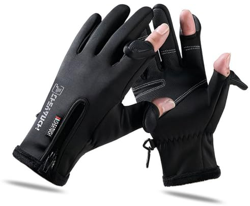 VADO VLTRA Guantes de pesca de invierno con 2 dedos para hombres y mujeres, a prueba de viento, guantes antideslizantes para pantalla táctil con cremallera para correr y senderismo (XL(11 x 23,5 cm)