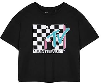 MTV Checkerboard Logo Womens Black Cropped T-Shirt | Short Sleeve Graphic Tee | Retro Logo Top | Music Television Apparel | Vintage Style Black Tee for Women