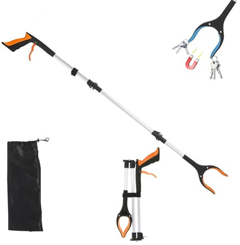 BlyeMichdi 109 Cm Pince Ramasse Objet, Pince Telescopique avec Crochet Magnétique, Pince de Préhension Ergonomique, Pliable Rotative 360° Pince Ramasse Dechets, Outils de Ramassage, Orange