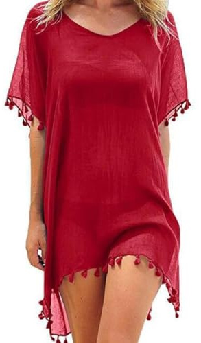 Beach Cover Ups for Women Chiffon Beachwear Tassel Bikini Cover Up V Neck Beach Dress Summer Swimwear Casual Swimsuit Bathing Suit Sarong (Red, One Size)