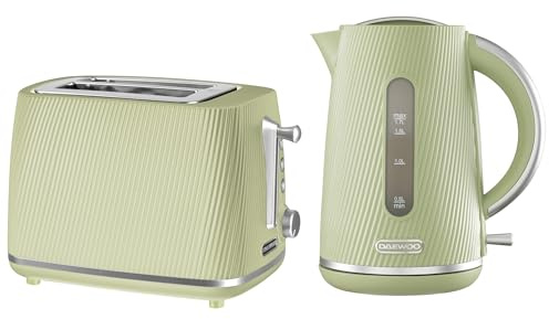 Daewoo Cascade Kettle & Toaster Set – 1.7L Rapid Boil Electric Kettle & 2 Slice Toaster Bundle – Sage Ribbed Finish, Adjustable Browning, Reheat & Defrost, Removable Crumb Tray, Limescale Filter