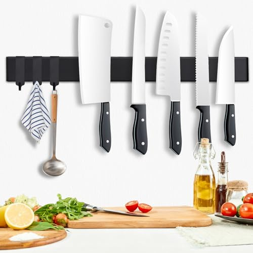 Barra magnética para cuchillos de 40 cm, soporte magnético negro con 3 ganchos, soporte magnético para cuchillos de acero inoxidable con cinta adhesiva y tornillos para cuchillos y utensilios