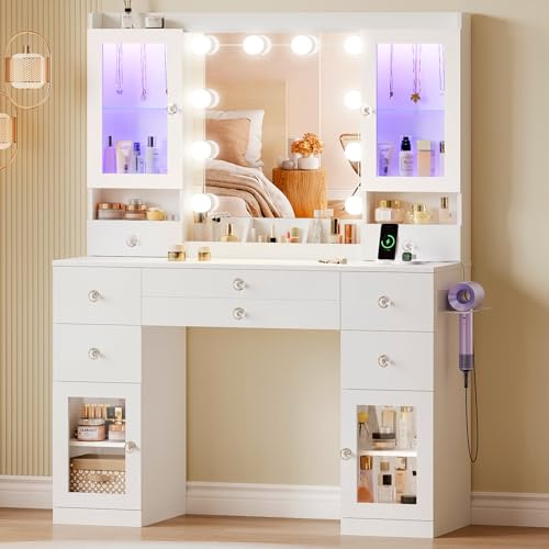 Dripex Dressing Table, Vanity Desk with 10 LED Bulbs and Power Outlet, Adjustable Brightness, Makeup Desk with 4 Show Cabinets, 7 Drawers, 5 Open Storage Areas and Hairdryer Holder, for Bedroom