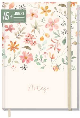 Häfft paper&you® Anteckningsbok A5+ linjerad Wild Blossoms | Anteckningsbok med 156 linjerade sidor och gummiband, papper 100 g/m² – för dagboksskrivande och anteckningar