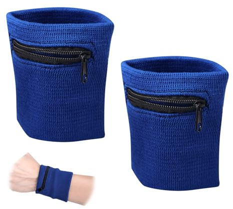 2 PCS Bandeau Poignet avec Poche Zippée, Poche à Fermeture à Glissière Clé Monnaie Rangement Bracelets Pratiques pour Absorber la Transpiration pour Tennis Squash Badminton Gym Basketball (Bleu)