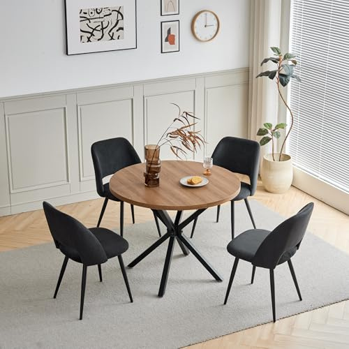 DEYARNA HOME Esstischgruppe mit 4 Stühlen, 100 cm rund, inklusive 4 gepolsterte Samt-Esszimmerstühle, Mid-Century Modern Design für Küche, Wohnzimmer, Restaurants (Dunkle Holzmaserung+Schwarz)