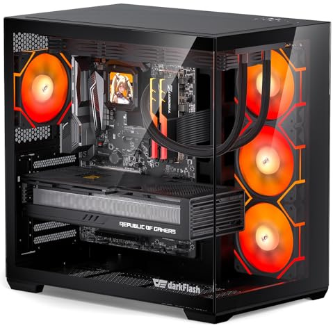 darkFlash C280 E-ATX PC Case, Dual Chamber Gaming Case, Up to 420mm Radiator, Vertical GPU Mount, Reverse-Connect, Type C, High Airflow, 4 x PWM Fans Included (Black)