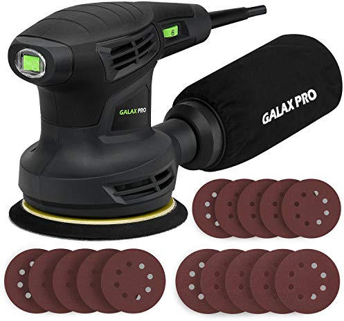 GALAX PRO Lijadora Orbital, 280W 6000-13000 RPM 6 Velocidades Variables Lijadora Rotorbital, 15 Hojas de 125 mm Discos Abrasivos, Polvo Sistema de Recogida, ideal para bricolaje