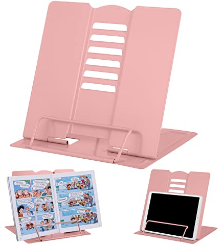 MSDADA Leseständer Buchstützen aus Metall (20 x 15 x 18,5 cm) 6 Stufen Verstellbar, Rutschfest, Buchständer für Schule, Küche und Büro, Buchhalter für Kinder(Moranti Rosa)