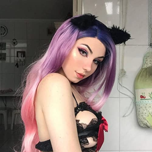 AFBeauty Perruque longue et ondulée violette et rose avec racines foncées au milieu - Perruque synthétique colorée pré-épilée - Fibre résistante à la chaleur - 61 cm