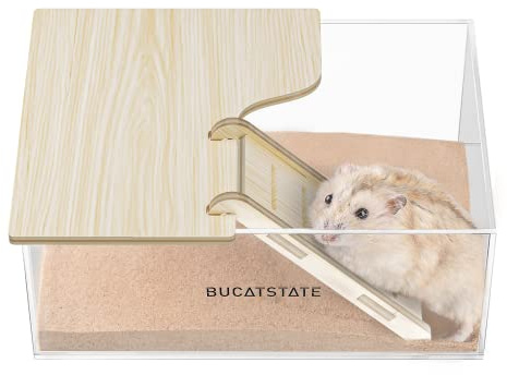 BUCATSTATE Hamster Sand Bath Container with Ladder - Acrylic Shower and Digging Room Litter Box for Mice Lemming Gerbils Small Animal (Rectangle Shaped)