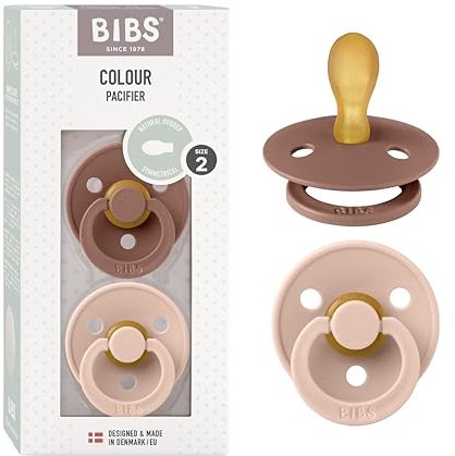 BIBS Colour Symmetrical Soother 2-Pack, BPA Free Dummy Pacifier, Symmetrical Nipple. Natural Rubber Latex, Made in Denmark. 6-18 Months (Pack of 2), Woodchuck/Blush