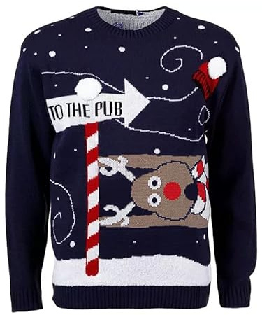 mymixtrendz Men Christmas Novelty Knitted Reindeer to The Pub Xmas Jumper Sweater Top S-2XL