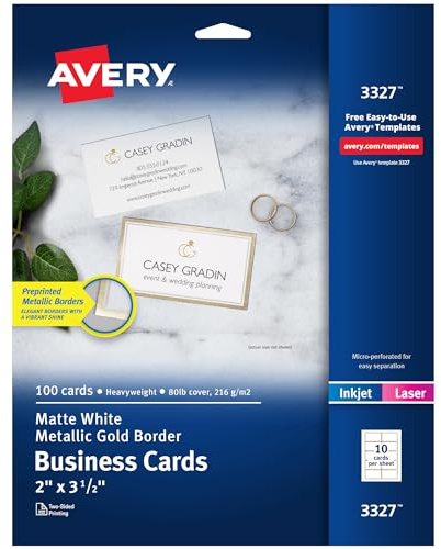 Avery Business Cards, Metallic Gold Borders, 2 x 3.5, 100 Total, Laser/Inkjet Printable Business Cards (3327)